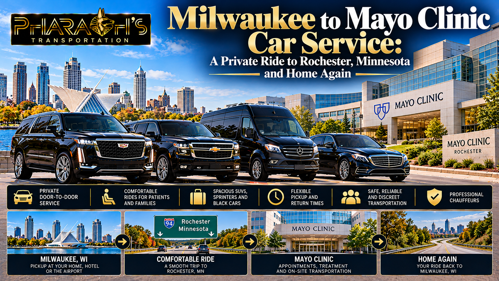 Pharaoh’s Transportation Milwaukee to Mayo Clinic car service with black SUVs, a Sprinter van and a sedan, offering a private ride to Rochester, Minnesota and home again