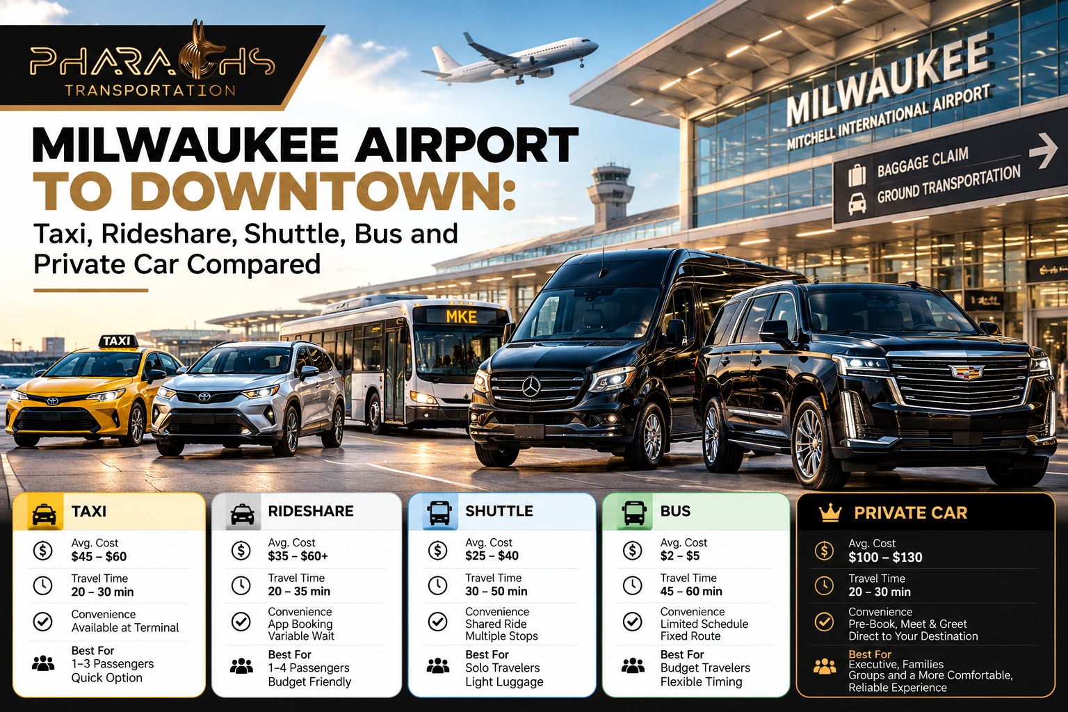 Milwaukee airport to downtown comparison of taxi, rideshare, shuttle, bus and private car costs and travel times