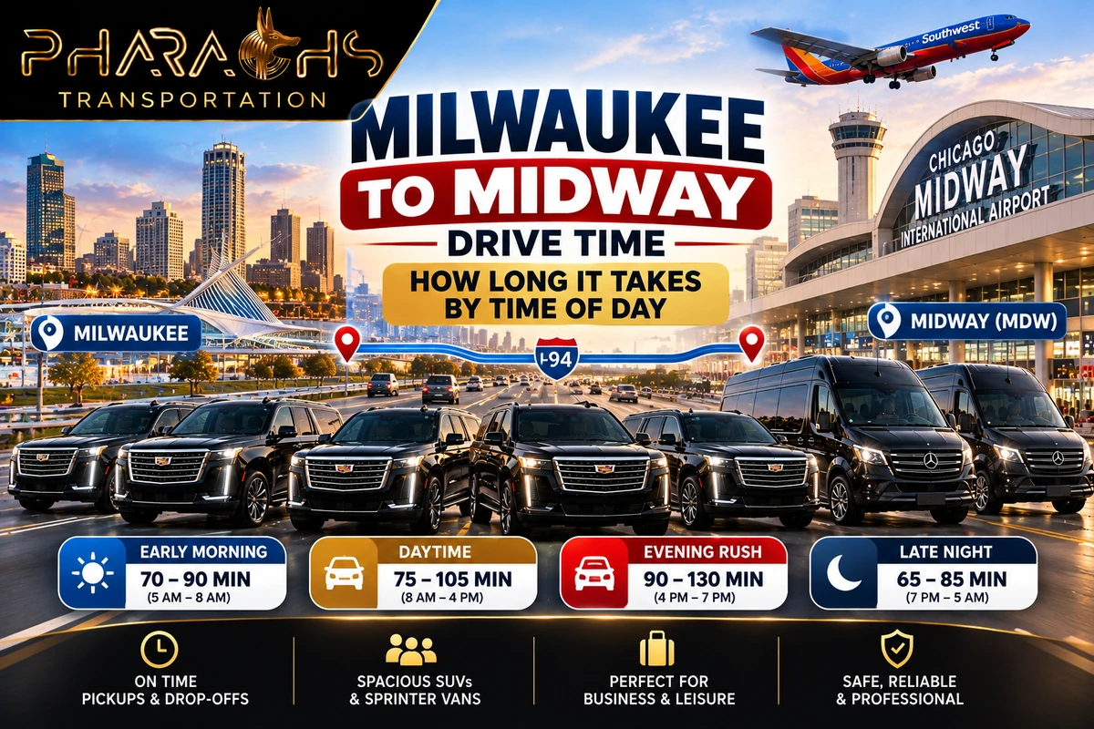 Milwaukee to Midway drive time by time of day on I-94, with Pharaohs Transportation SUVs and Sprinter vans