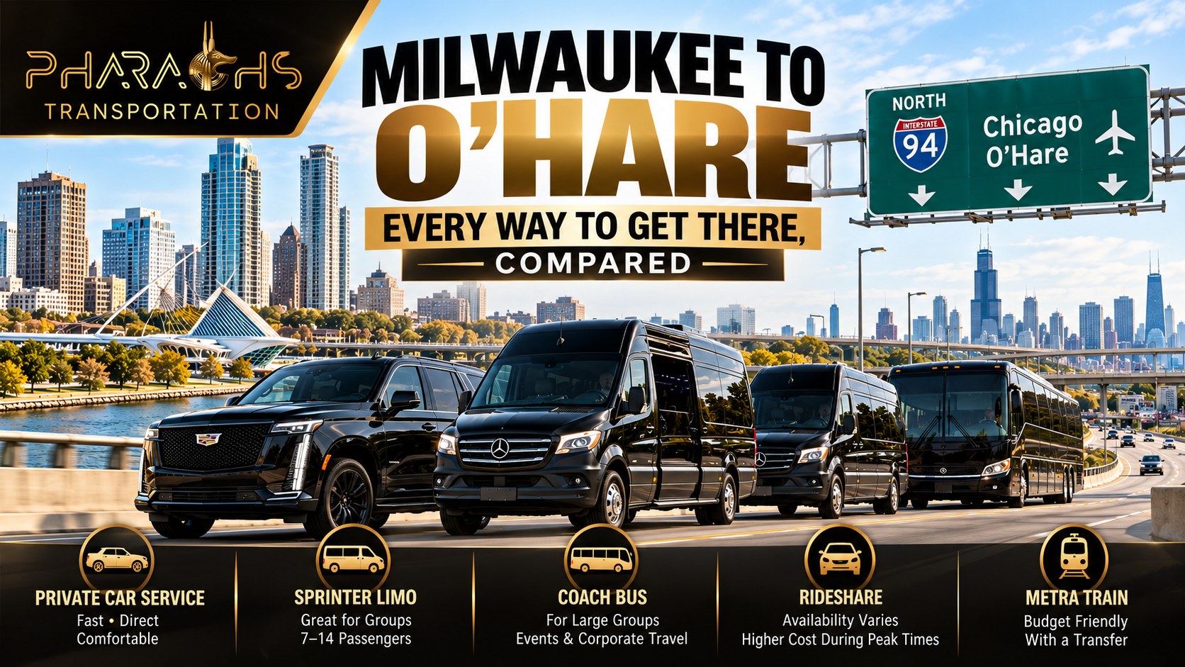 Milwaukee to O'Hare transportation options compared: private car service, Sprinter limo, coach bus, rideshare and Metra train, shown with a black Escalade, Sprinter vans and a coach bus on I-94