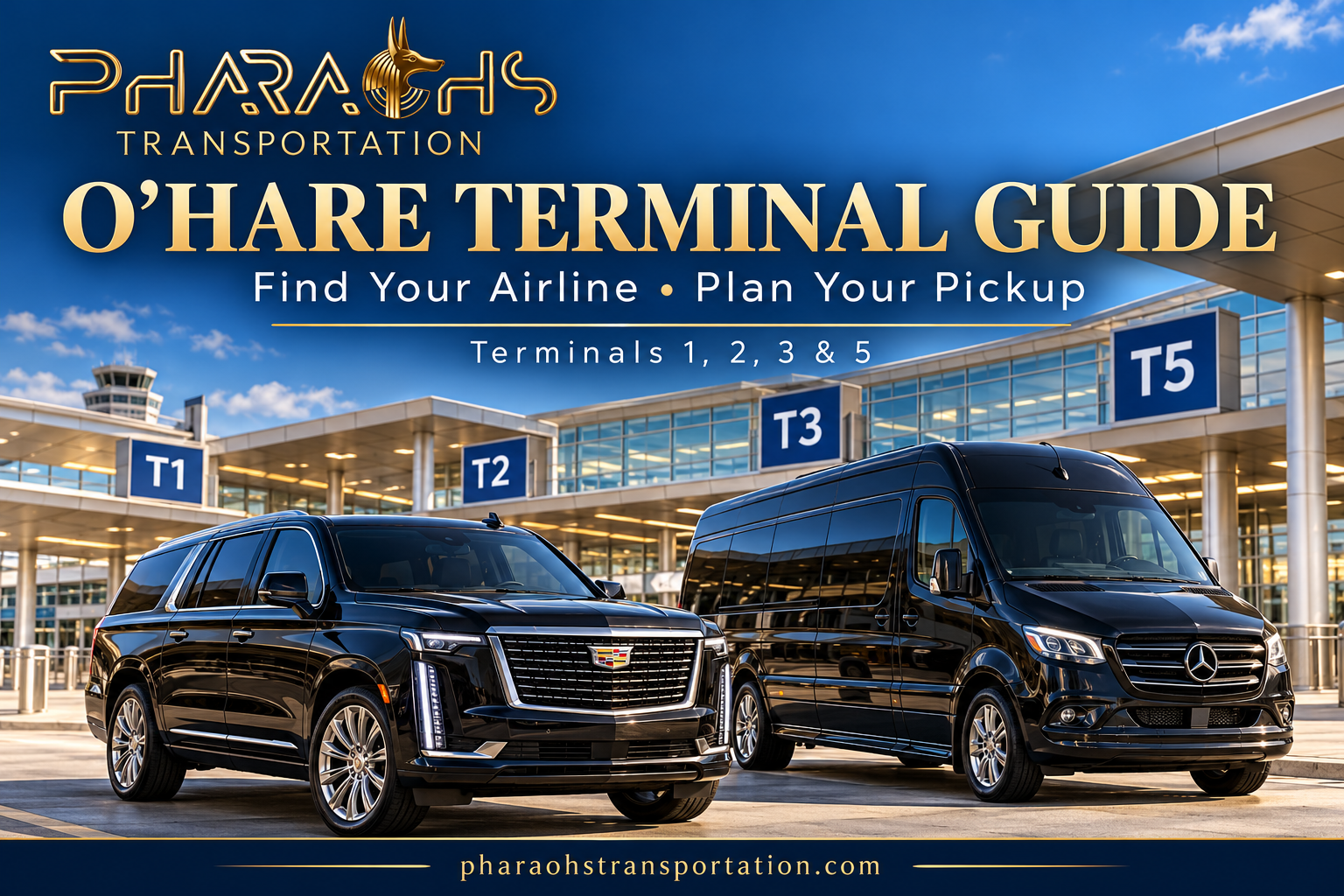 Pharaohs Transportation O’Hare terminal guide featuring a black Cadillac Escalade and Mercedes-Benz Sprinter limousine with illustrated Terminal 1, 2, 3, and 5 signs.