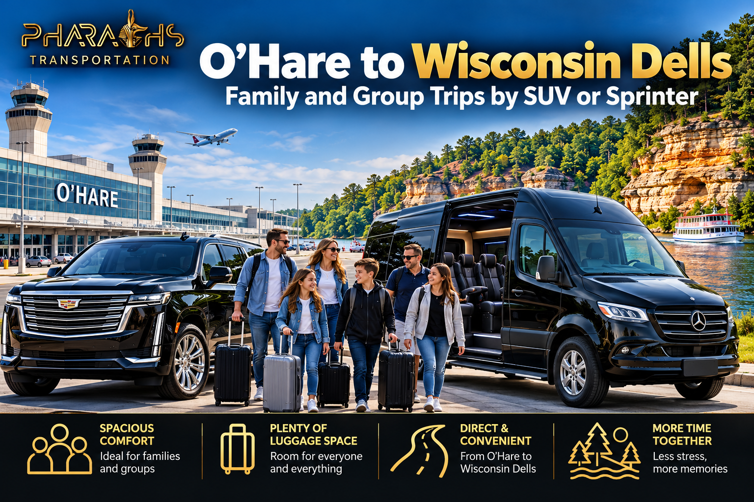 Pharaohs Transportation luxury SUV and Sprinter service from O’Hare International Airport to Wisconsin Dells for families and groups, with spacious seating, luggage room, and private direct transportation.