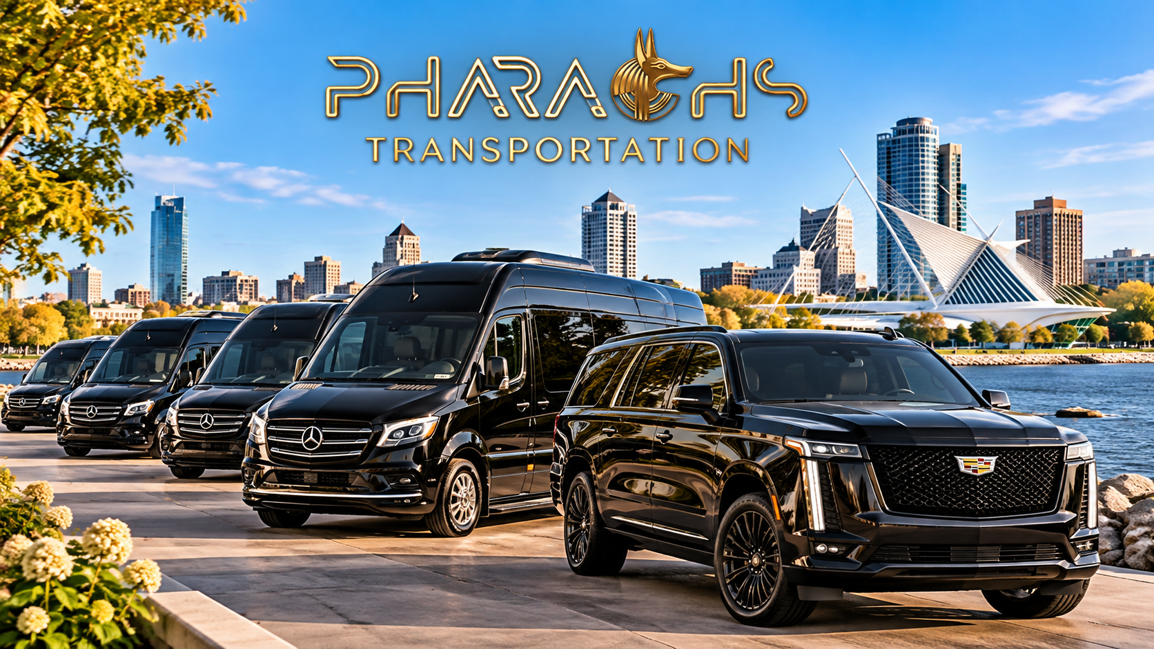 Pharaohs Transportation black Mercedes Sprinter vans and Cadillac Escalade on the Milwaukee lakefront with downtown skyline