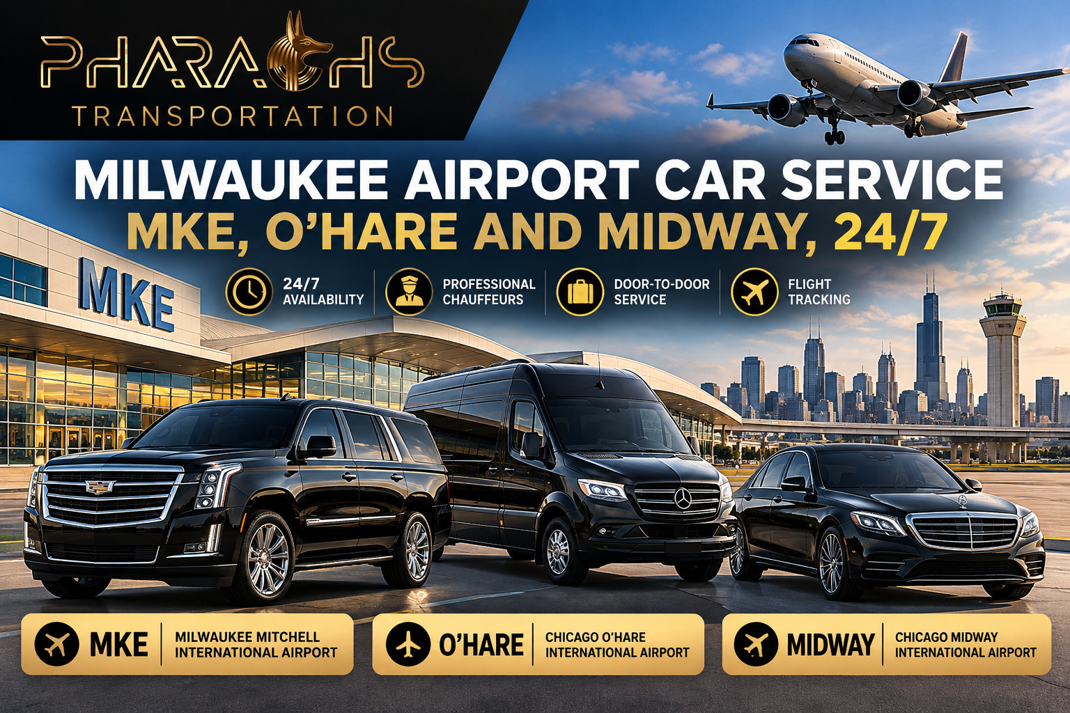 Pharaohs Transportation black SUV, Sprinter van and sedan for Milwaukee airport car service to MKE, O'Hare and Midway