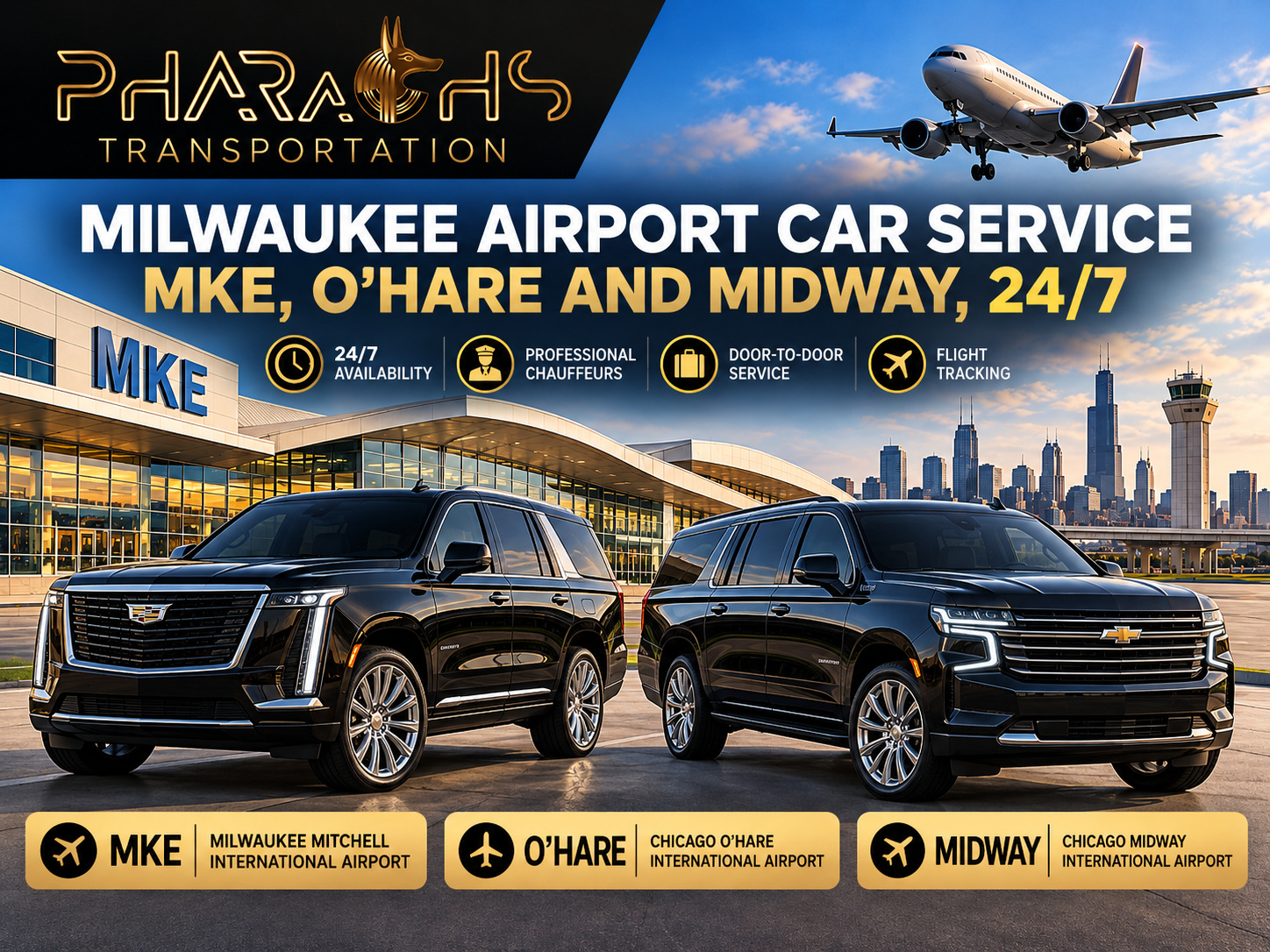 Pharaohs Transportation black Cadillac Escalade and Chevrolet Suburban SUVs at Milwaukee Mitchell airport for Milwaukee airport car service to MKE, O'Hare and Midway, 24/7