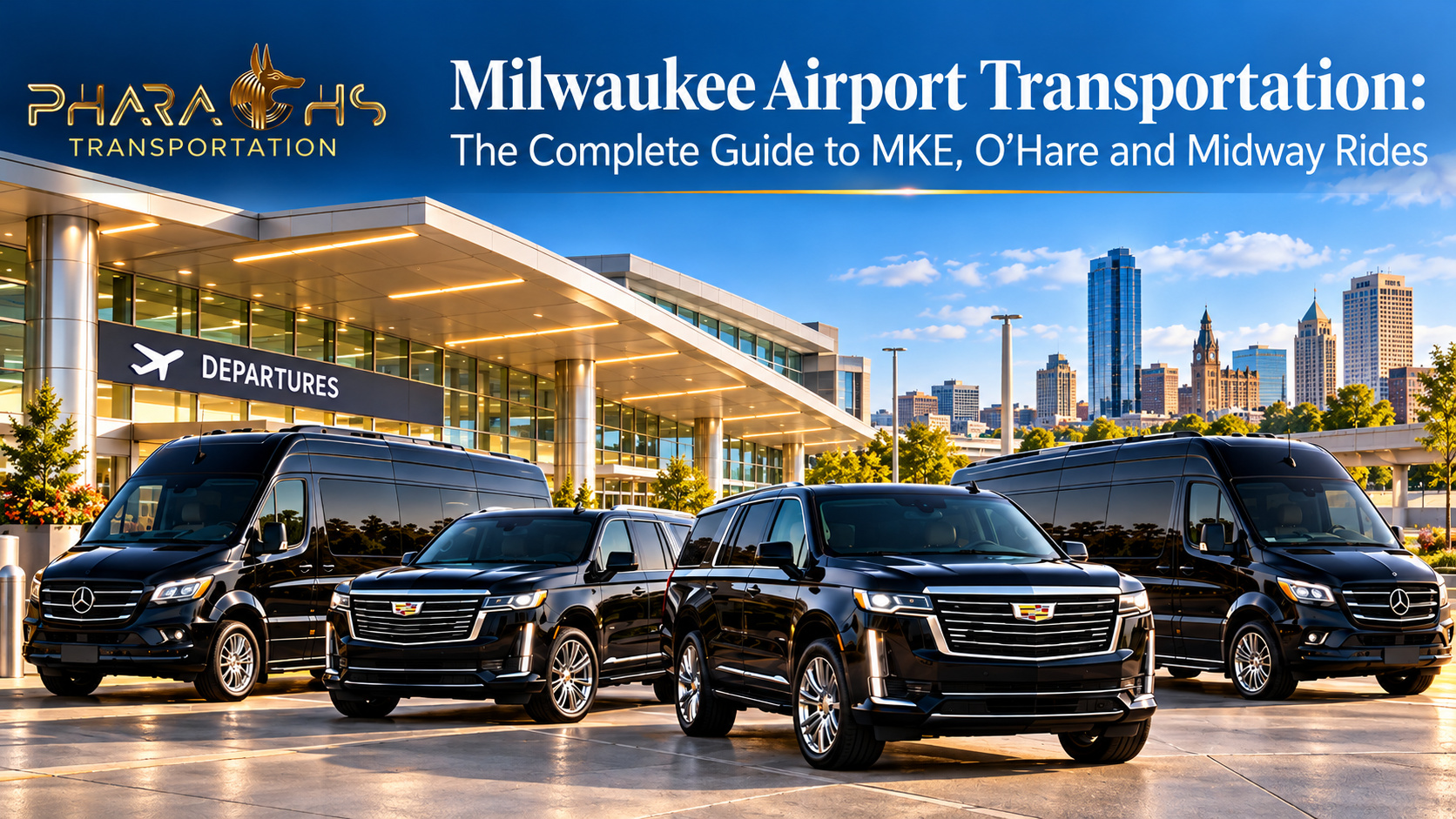 Pharaohs Transportation black Sprinter vans and Cadillac Escalade SUVs at the airport departures curb for Milwaukee airport transportation to MKE, O'Hare and Midway