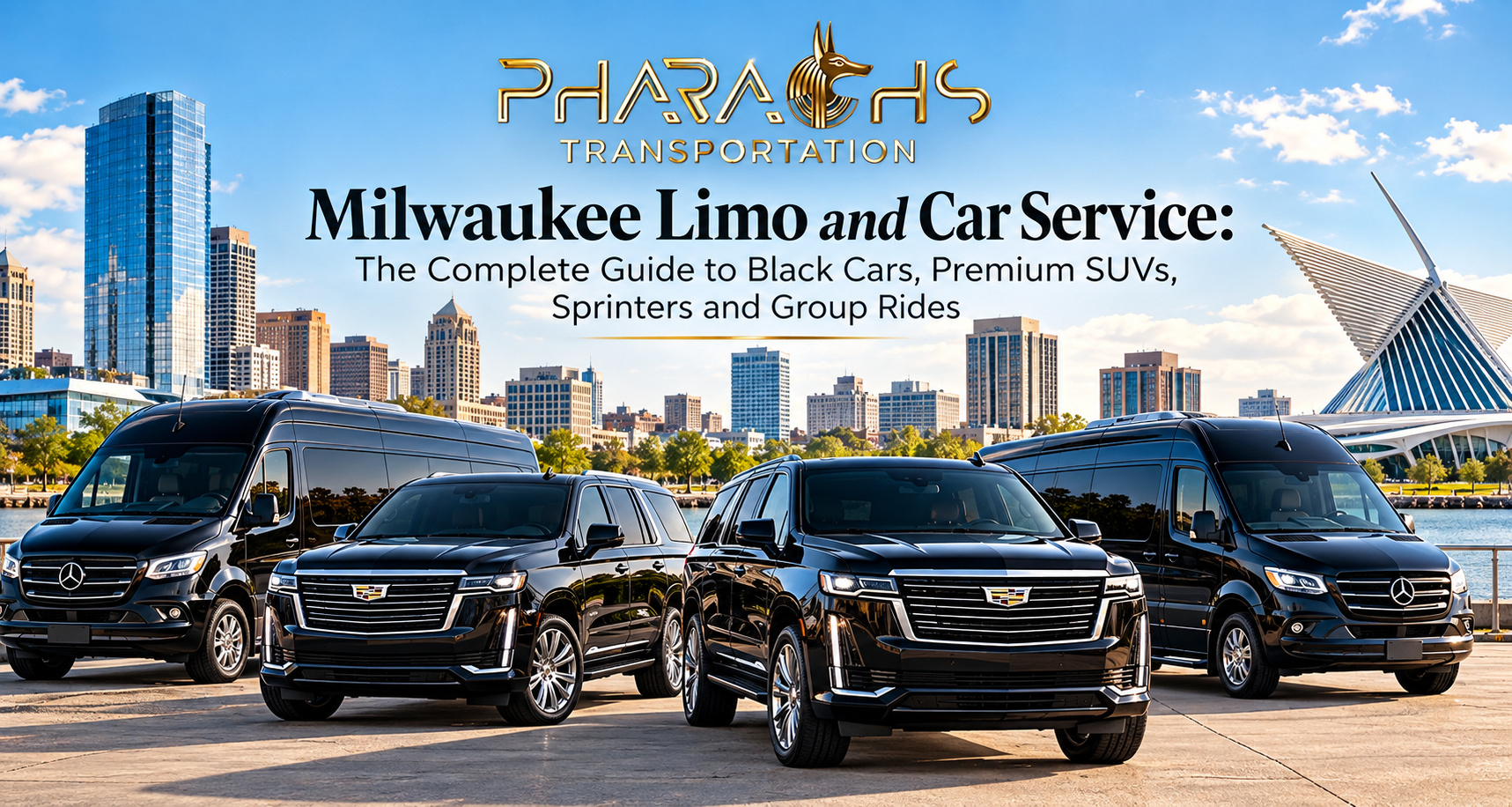 Pharaohs Transportation black Mercedes Sprinter vans and Cadillac Escalade SUVs for Milwaukee limo and car service on the Milwaukee lakefront