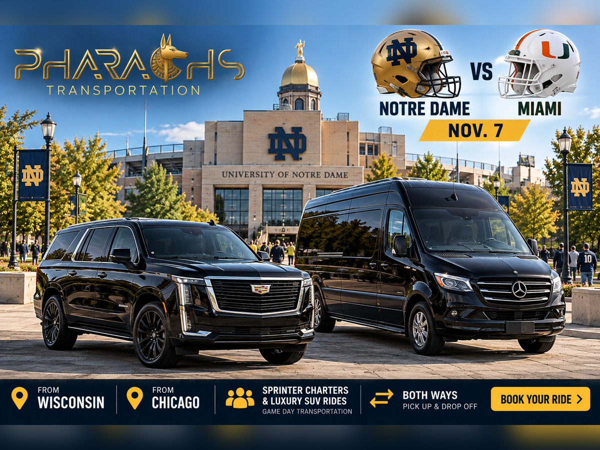 Pharaoh’s Transportation black Cadillac Escalade and Mercedes Sprinter at Notre Dame Stadium for Notre Dame vs Miami game day rides