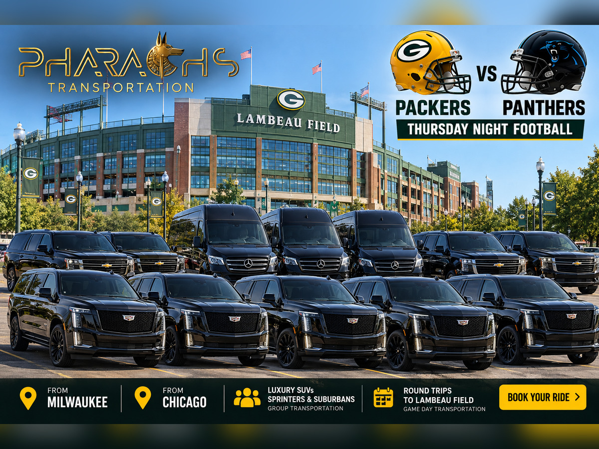 Packers vs Panthers is tomorrow night. Pharaoh’s Transportation, a top-rated Milwaukee limo and car service, has luxury SUVs and Sprinters ready for round-trip rides to Lambeau Field from Milwaukee and Chicago