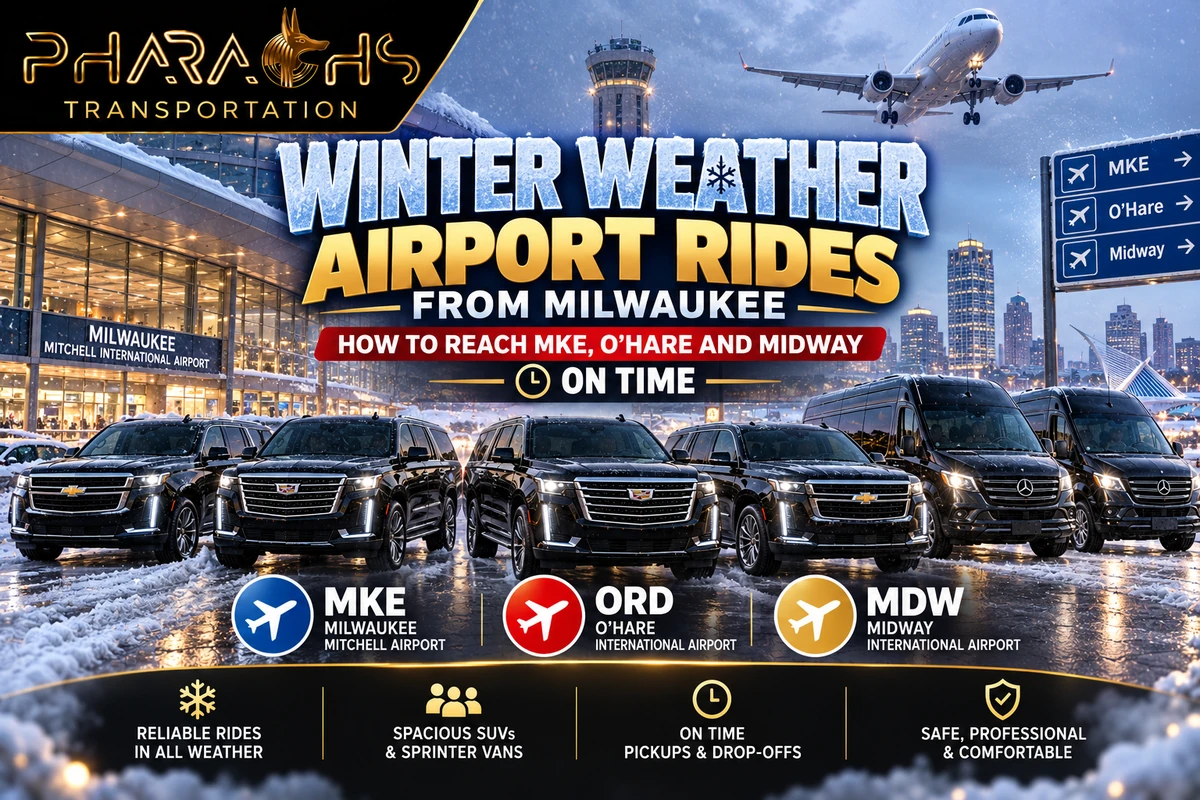 Winter weather airport rides from Milwaukee to MKE, O’Hare and Midway with Pharaohs Transportation SUVs and Sprinter vans in the snow