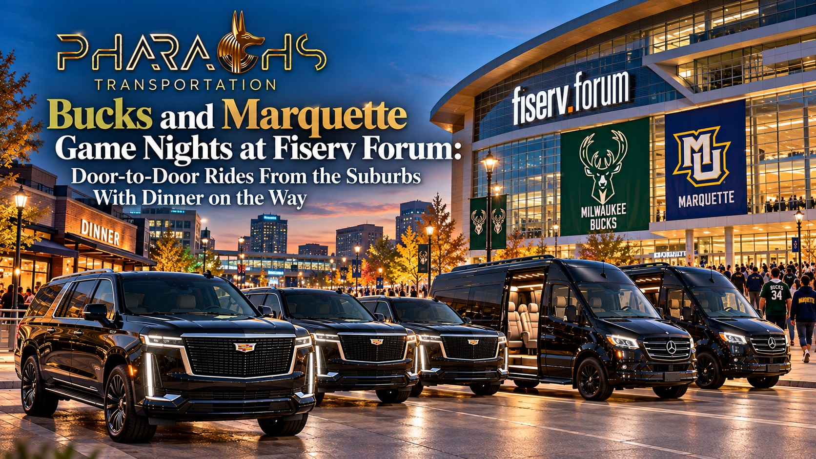 Pharaohs Transportation black Cadillac Escalade SUVs and Mercedes Sprinter vans outside Fiserv Forum at dusk with Bucks and Marquette banners, for door-to-door game night rides with dinner on the way