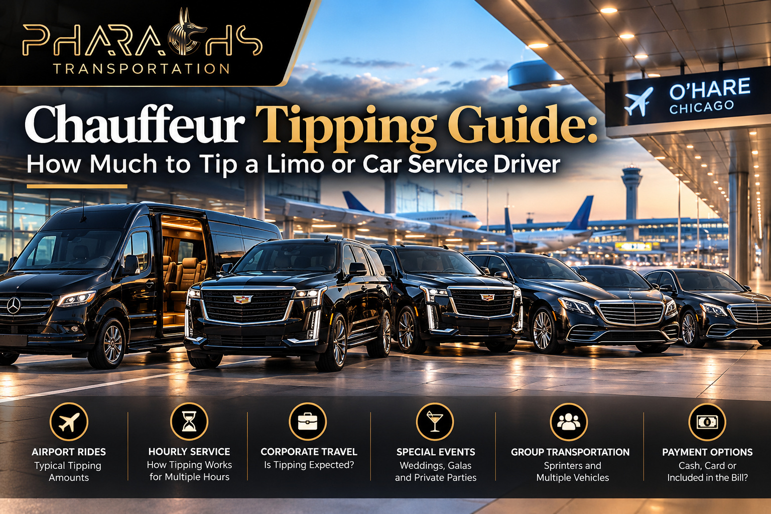 Pharaohs Transportation chauffeur tipping guide: how much to tip a limo or car service driver, with a black Mercedes Sprinter van, Cadillac Escalade SUVs and luxury sedans lined up at Chicago O’Hare airport.
