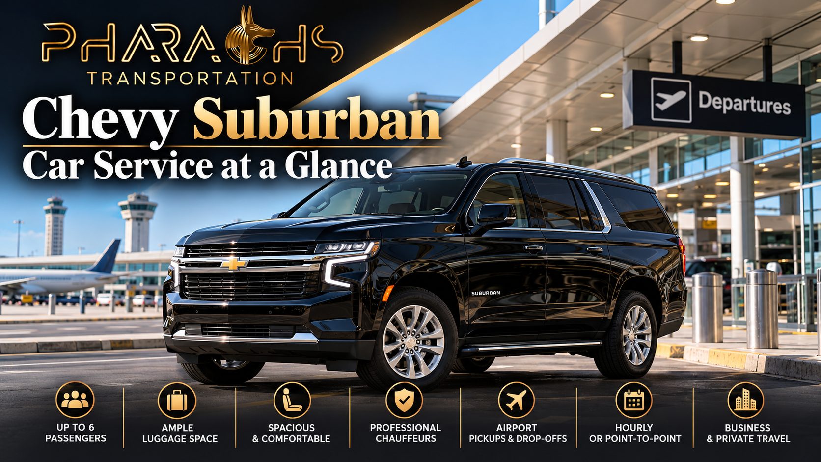 Black Chevy Suburban at an airport departures curb, with Pharaohs Transportation branding and icons for up to 6 passengers, ample luggage space, professional chauffeurs, and airport pickups and drop-offs