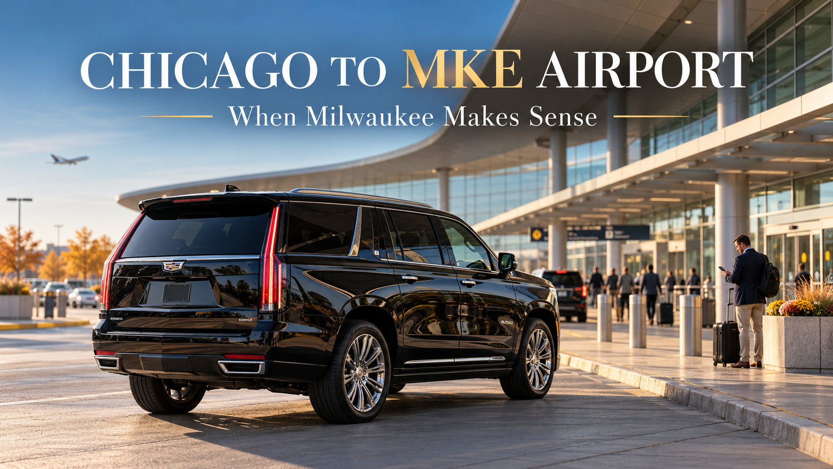 Chicago to Milwaukee airport car service with a black Cadillac Escalade at MKE departures