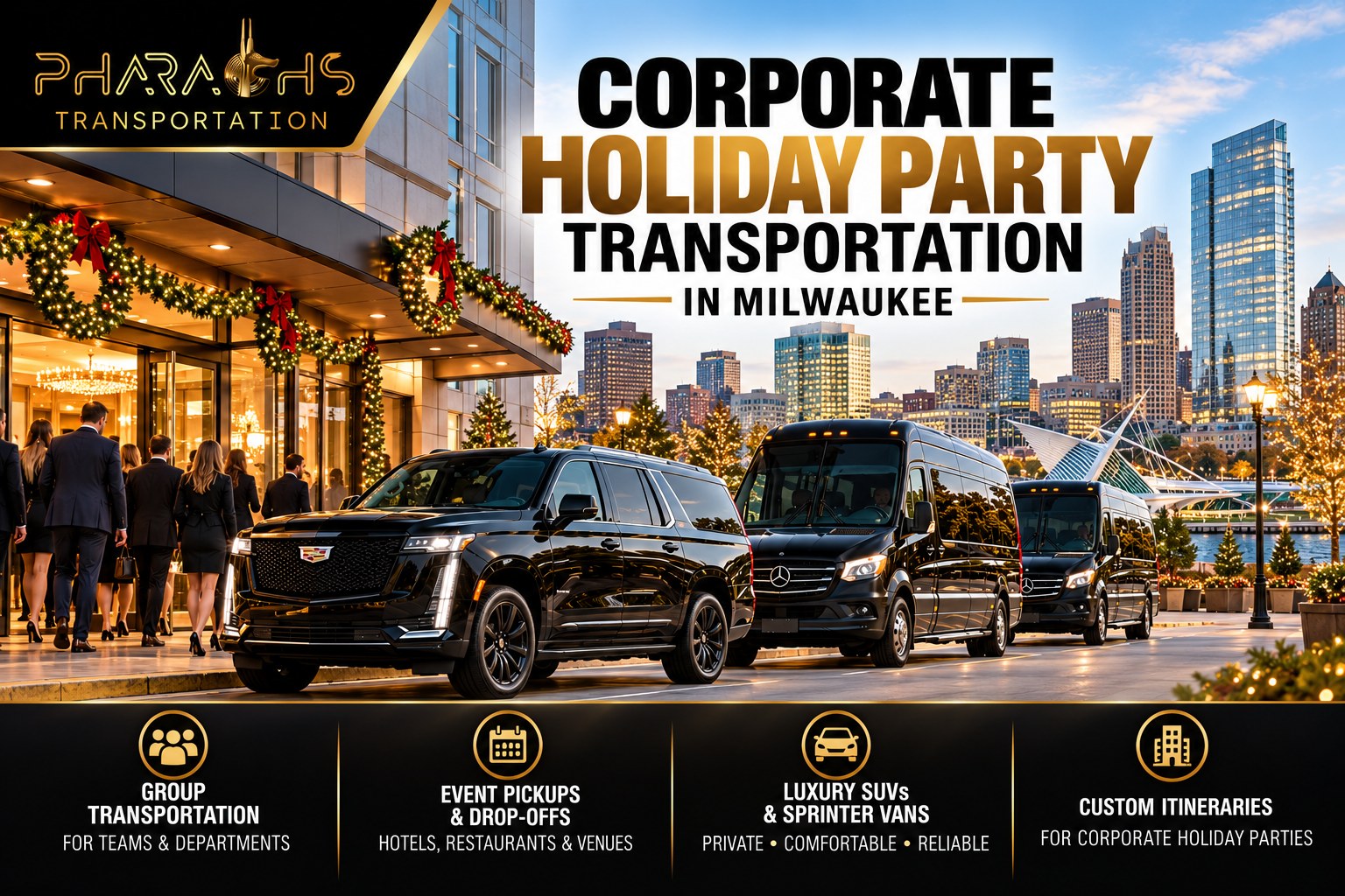Pharaoh's Transportation Escalade and Sprinter vans at a decorated Milwaukee hotel for a corporate holiday party
