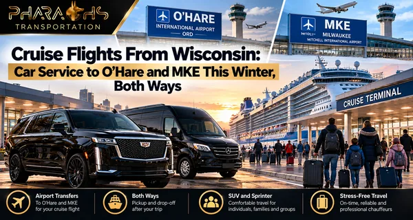 Pharaohs Transportation black Cadillac Escalade and Mercedes Sprinter with cruise travelers and luggage for airport car service to O’Hare and MKE from Wisconsin