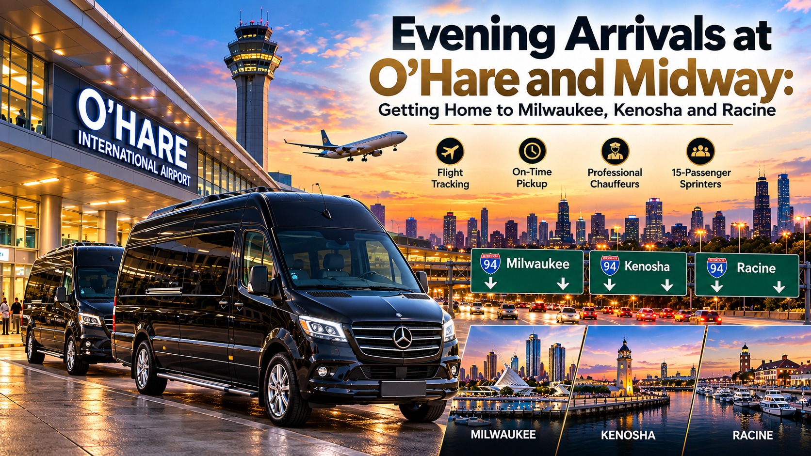 Black Mercedes Sprinters at O'Hare at sunset for evening arrival transfers to Milwaukee, Kenosha and Racine, Wisconsin