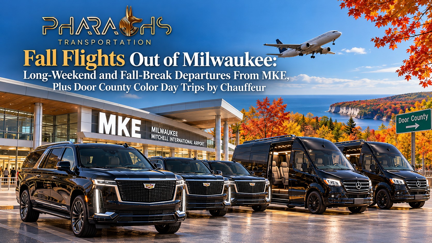 Pharaohs Transportation black Cadillac Escalade SUVs and Mercedes Sprinter vans outside Milwaukee Mitchell International Airport MKE with fall foliage and a Door County sign, for fall-break flights and Door County color day trips
