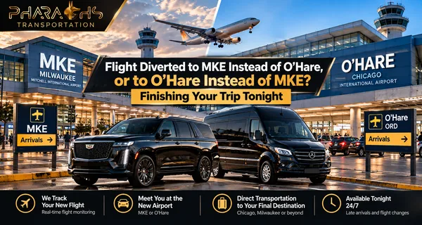 Pharaohs Transportation black Cadillac Escalade and Mercedes Sprinter between MKE Milwaukee Mitchell and O’Hare arrivals for travelers whose flight was diverted
