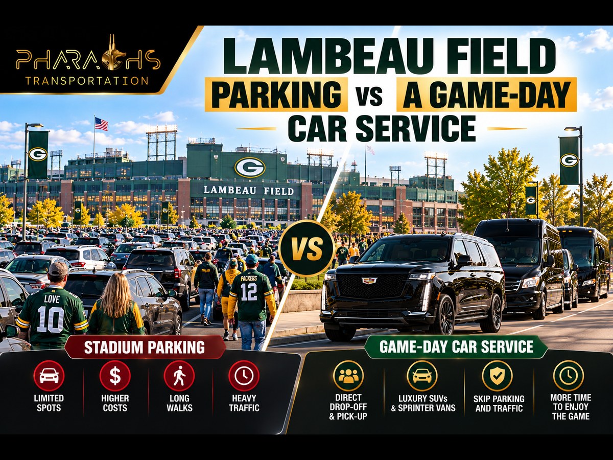 Lambeau Field stadium parking crowds compared with Pharaoh's Transportation Escalade, Sprinter vans and coach bus for game-day car service