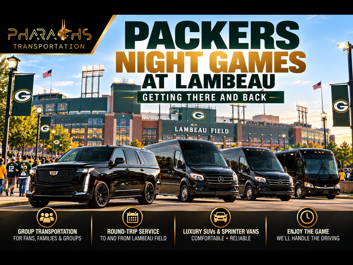 Pharaoh's Transportation Escalade, Sprinter vans and coach bus outside Lambeau Field for Packers night game transportation