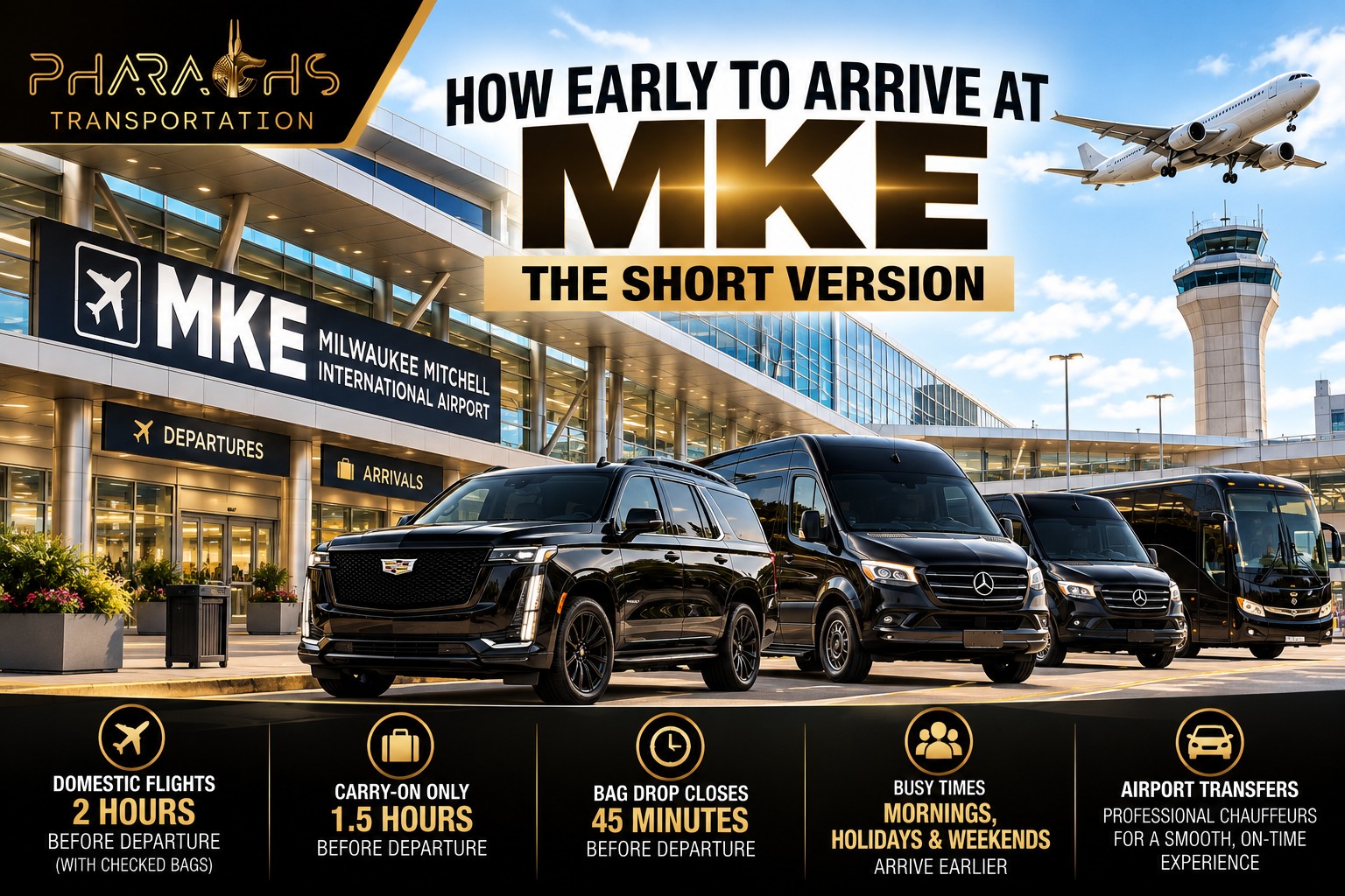 MKE airport arrival times guide from Pharaohs Transportation: 2 hours with bags, 1.5 hours carry-on only