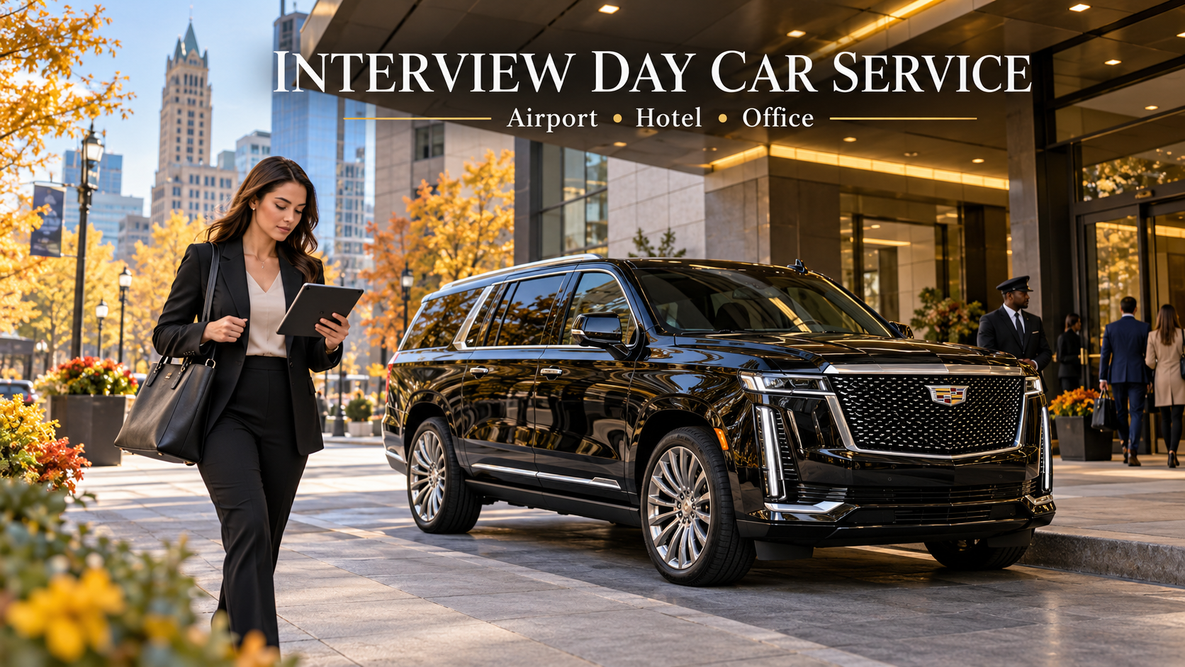 Candidate transportation in Milwaukee featuring a black Cadillac Escalade outside a corporate office on interview day