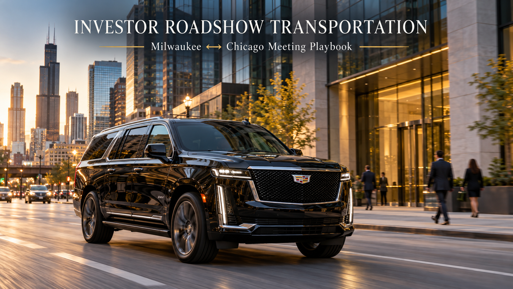 Investor roadshow transportation between Milwaukee and Chicago with a black executive Cadillac Escalade in a business district