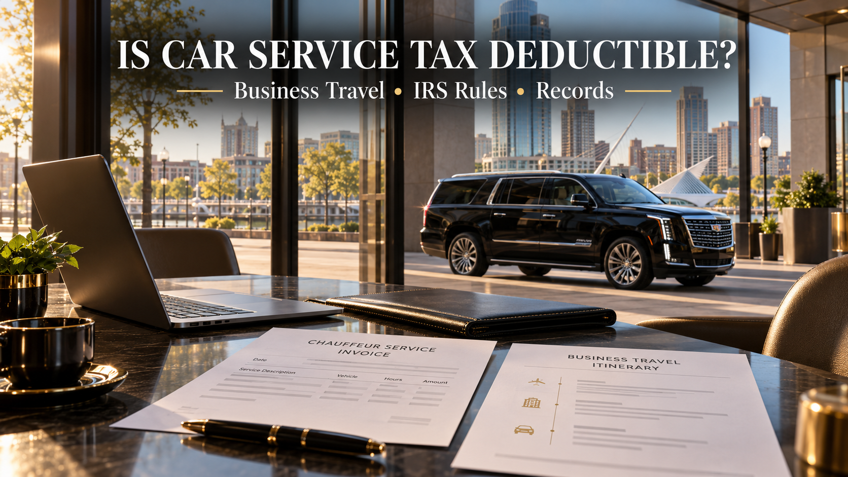 Is car service tax deductible for business travel guide showing an invoice, travel itinerary and luxury chauffeur vehicle