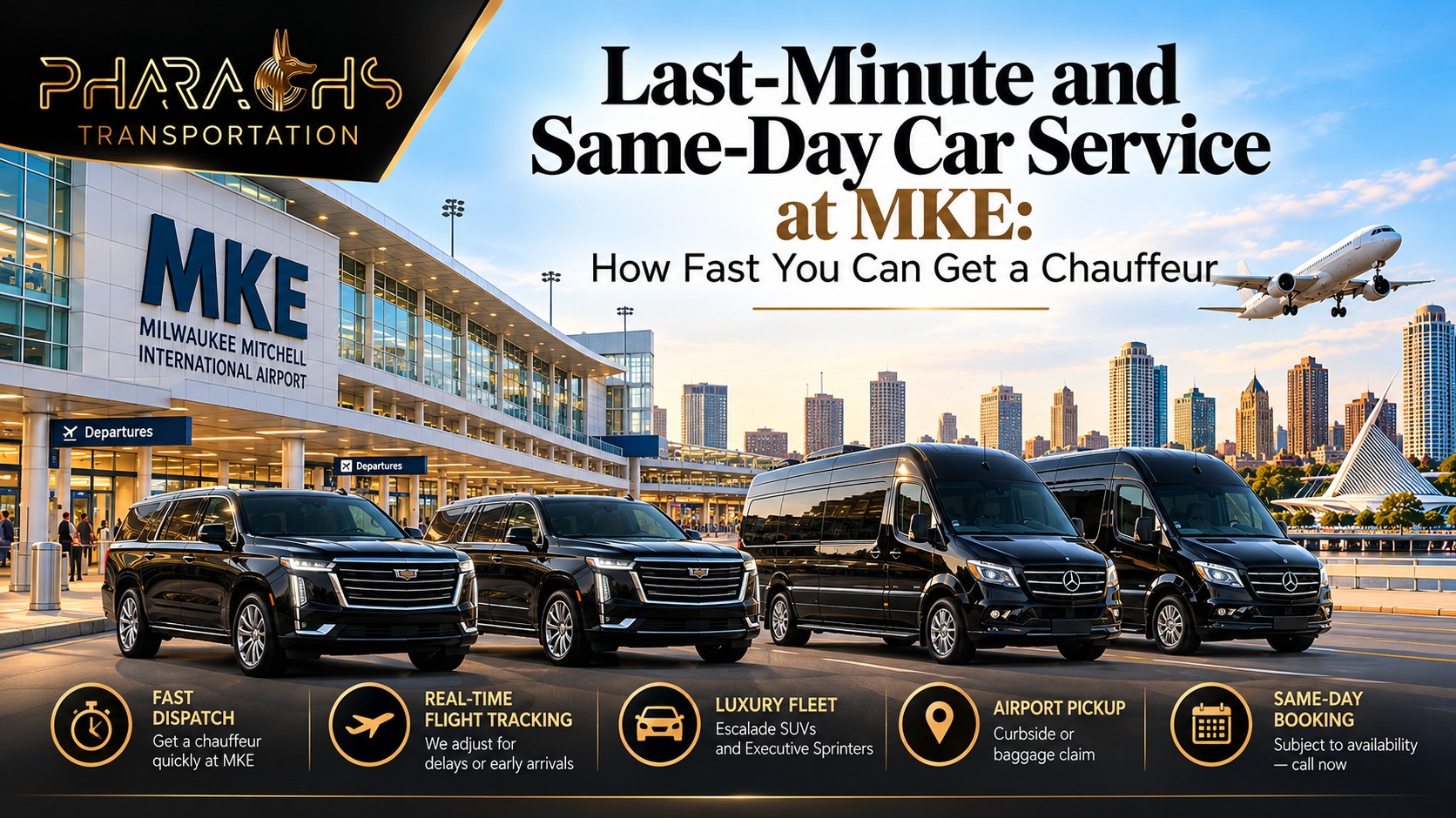 Black Escalade SUVs and Mercedes Sprinter vans at MKE airport departures for last-minute same-day chauffeur service