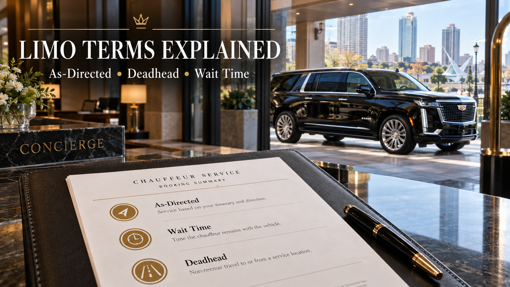 Limo terms glossary showing a luxury Cadillac Escalade and chauffeur service reservation details in Milwaukee.