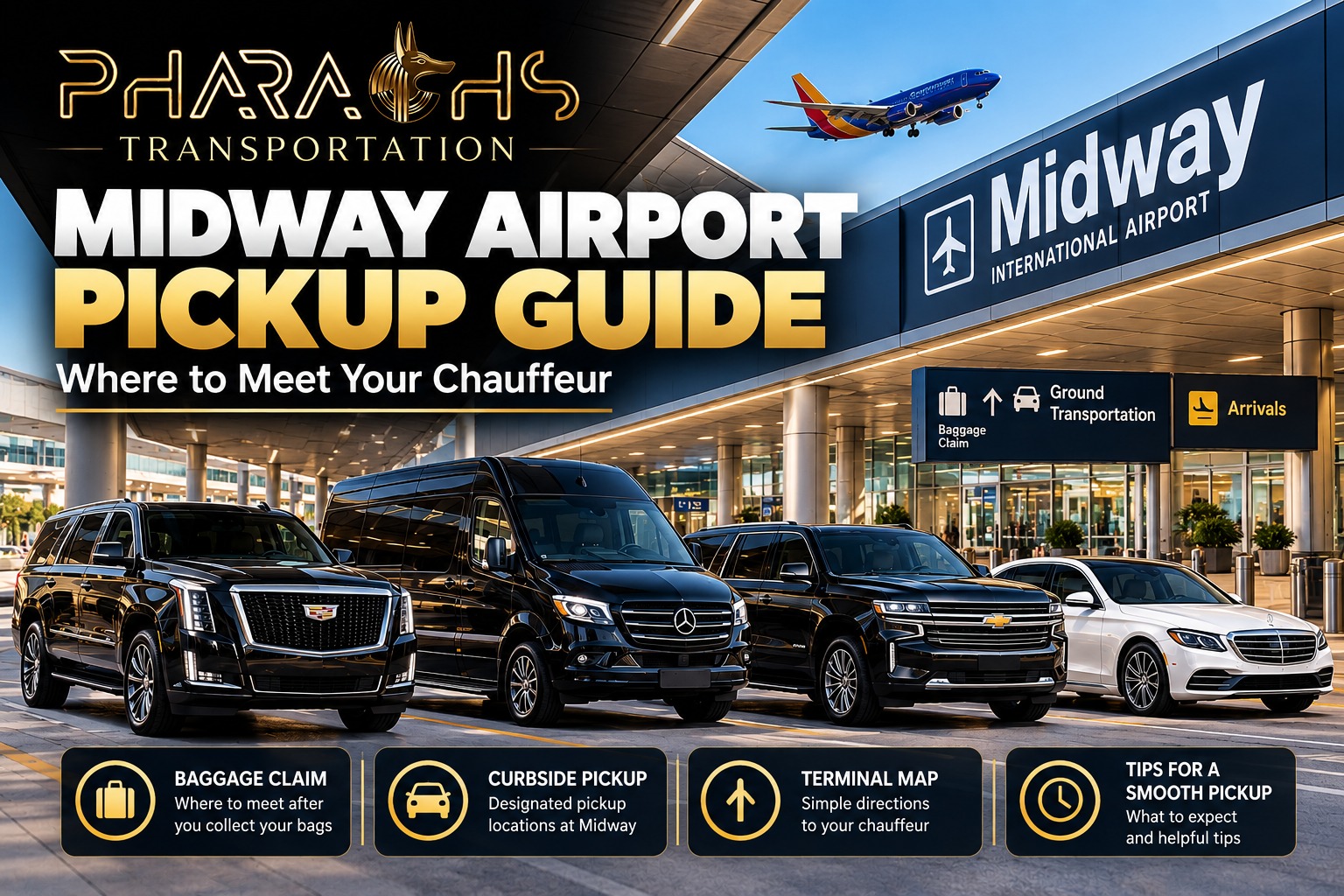 Pharaohs Transportation Midway Airport pickup guide with chauffeured SUVs, van and sedan at the arrivals curb