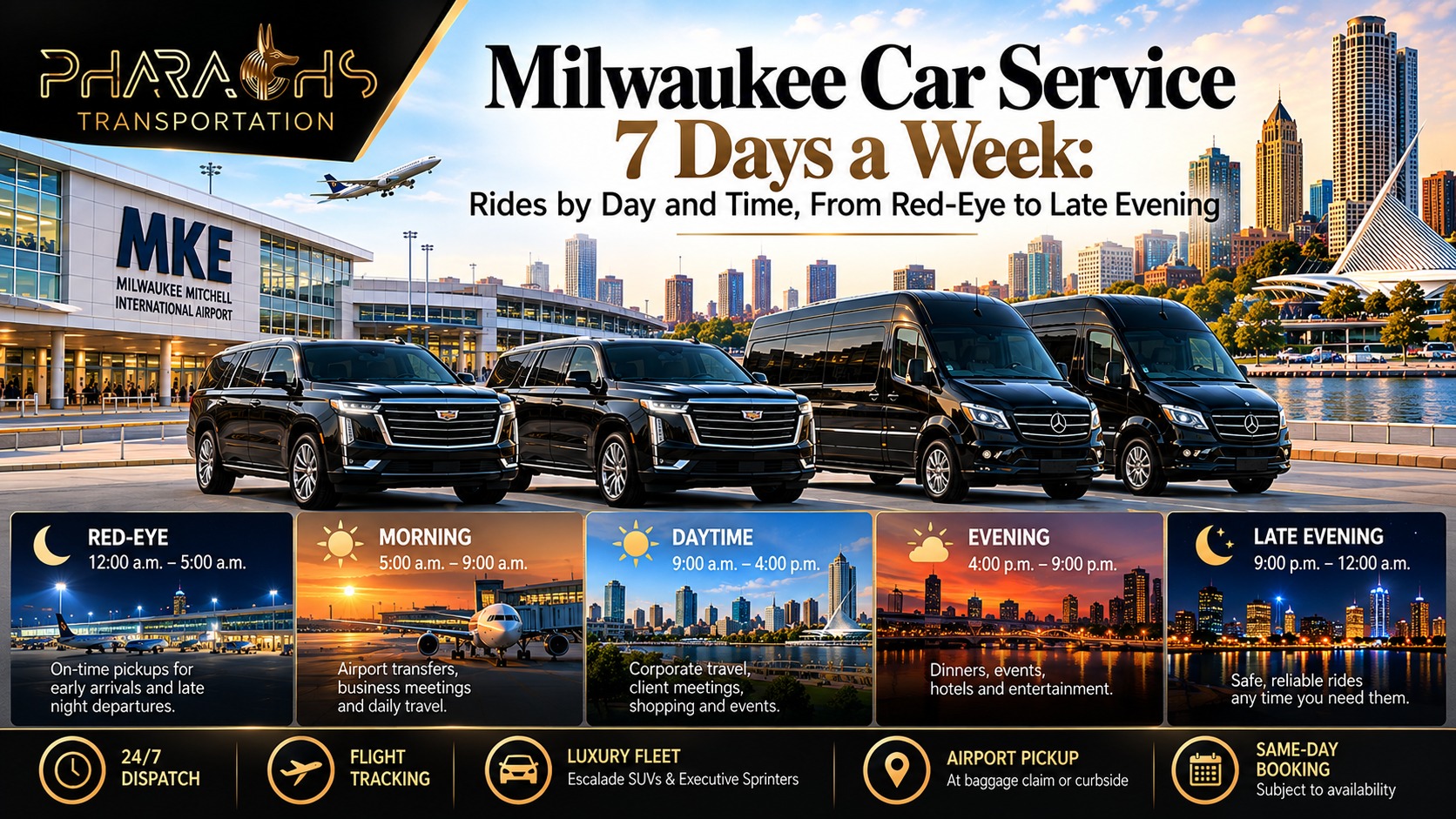 Black Escalade SUVs and Sprinter vans at MKE airport with Milwaukee skyline, showing 24/7 car service from red-eye to late evening