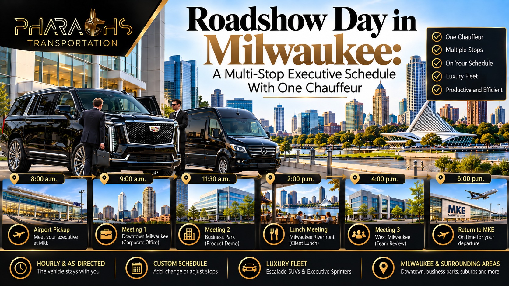 Chauffeur opening the door of a black Escalade for an executive in Milwaukee, with a six-stop roadshow day schedule
