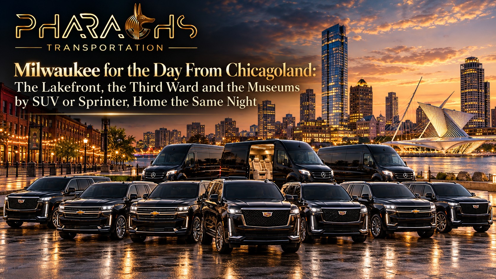 Pharaohs Transportation black Mercedes Sprinter vans and SUVs parked on the Milwaukee lakefront at sunset, with the downtown skyline, Third Ward warehouse district and lakefront museum in the background, for day trips from Chicagoland