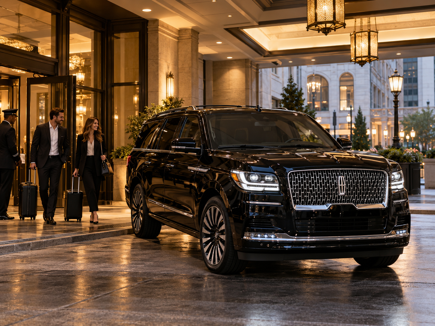 Black 2025 Lincoln Navigator dropping off two passengers at a luxury hotel in Milwaukee, Wisconsin.