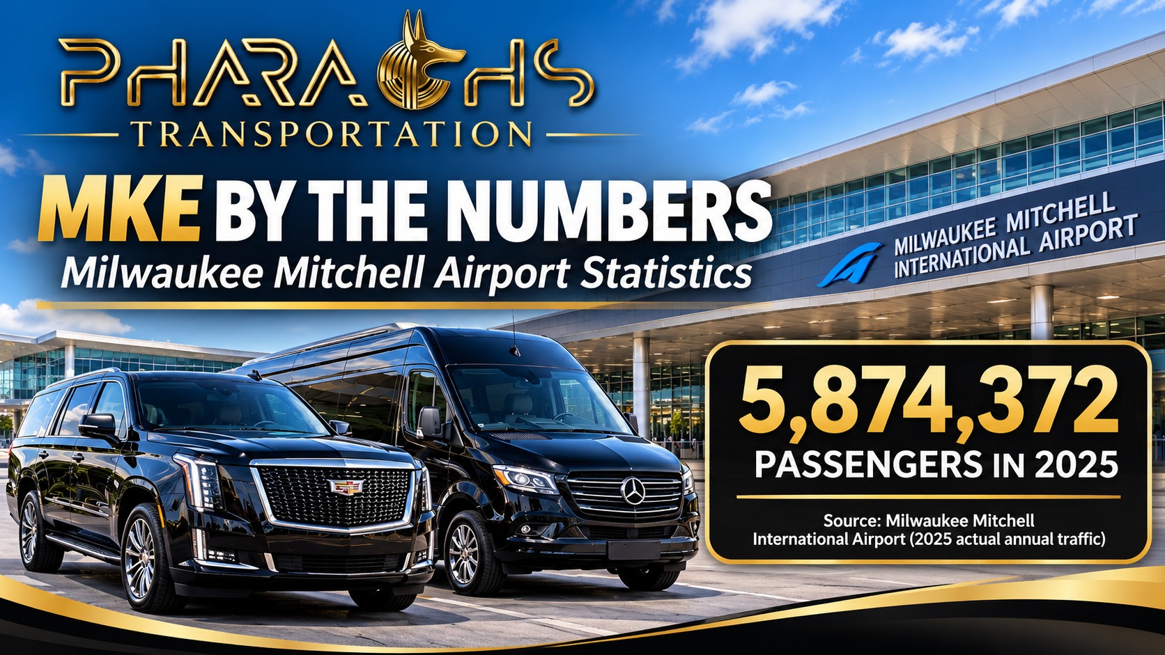 MKE by the Numbers: Milwaukee Mitchell Airport statistics graphic from Pharaohs Transportation showing 5,874,372 passengers in 2025, with a black Cadillac Escalade and Mercedes Sprinter van at the terminal