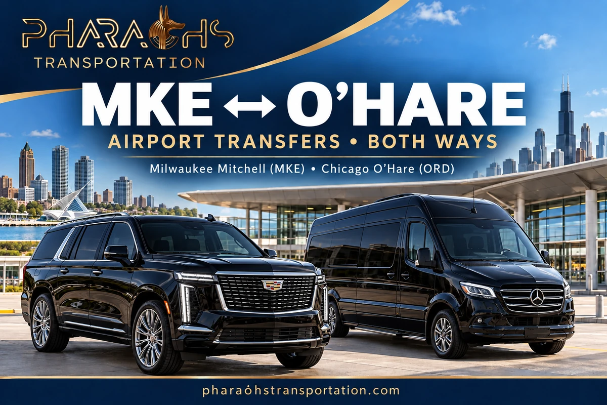 Black Cadillac Escalade and Mercedes-Benz Sprinter limousine promoting Pharaohs Transportation airport transfers between Milwaukee Mitchell (MKE) and Chicago O’Hare (ORD), both ways.