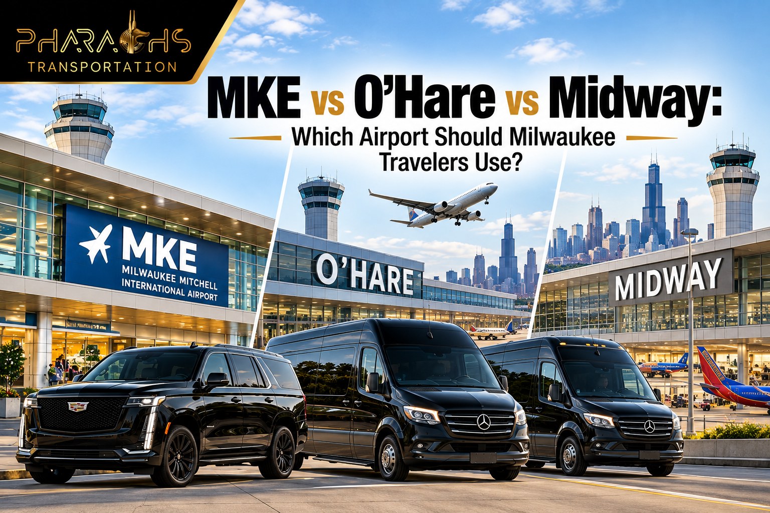 Pharaoh's Transportation Escalade and Sprinter vans at MKE, O'Hare and Midway airports