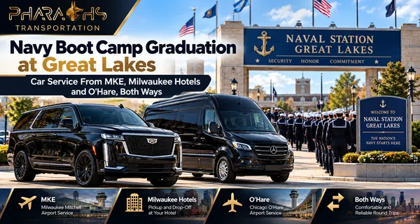 Written by the Pharaoh's Transportation dispatch team · 5151 S Howell Ave, Milwaukee · 2 minutes from MKE · every chauffeur background-checked, licensed and insured Quick answer: Navy boot camp graduation (Pass in Review) at Recruit Training Command, Naval Station Great Lakes, is held on Thursdays at 9:00 a.m. Central, and guests should arrive about 90 minutes early. Many families fly into Milwaukee Mitchell (MKE), about 45 to 50 minutes from the base, or O'Hare, about 45 minutes to an hour away, and stay in Milwaukee or near the base. Pharaoh's Transportation drives families both ways: from MKE or a Milwaukee hotel to the Gate 8 drop-off before dawn on graduation day, back to the hotel after the ceremony, and to MKE or O'Hare for the flight home, in a premium SUV for up to 6 or a Sprinter for the whole family. Graduating this month? Lock in your graduation-morning pickup now. Thursdays book up fast. Book online | Call 24/7: (414) 322-3751 In this guide Graduation week at Great Lakes: what families need to know MKE or O'Hare: which airport for Great Lakes Drive times: MKE, Milwaukee hotels and O'Hare to the base Graduation day timeline and pickup plan SUV or Sprinter for grandparents, siblings and the new Sailor After the ceremony: back to the hotel, MKE or O'Hare Booking for graduation: what to send Quick facts Frequently asked questions About the dispatch team Graduation week at Great Lakes: what families need to know Step What the Navy's graduation page says Get approved Your recruit approves your attendance during training; submit guest names by the Friday before graduation Pick up tickets In person at the Welcome Center, Navy Exchange Burkey Mall, 2650 Green Bay Road, North Chicago: the day before (10:00 a.m. to 7:30 p.m.) or graduation morning (5:30 to 8:00 a.m.) Bring ID Adults: REAL ID, passport or military ID. Minors: student ID, permit, Social Security card or birth certificate Graduation day Gate and drill hall doors open 6:30 a.m.; seated by 9:00 a.m.; ceremony about 9:00 to 10:30 a.m. Leave behind Large bags, backpacks, luggage, signs, gift bags and flowers are not allowed The day after The new Sailor has liberty from 8:00 a.m. to 9:00 p.m. and must be back on time Rules and times can change, so check the Navy's official boot camp graduation page the week you travel. Flying in for graduation? Tell us your flight, hotel and graduation date. We'll plan the ticket pickup, the early drop-off and the ride back. Book online | Call 24/7: (414) 322-3751 MKE or O'Hare: which airport for Great Lakes Milwaukee Mitchell (MKE) Chicago O'Hare (ORD) Typical drive to the base About 45 to 50 minutes About 45 minutes to 1 hour, more in rush hour Traffic Mostly open I-94 south Chicago-area expressway traffic Airport size Smaller, quicker in and out Huge, more flights and airlines Hotels Milwaukee and Kenosha hotels, often lower rates Gurnee, Waukegan and O'Hare-area hotels Best for Families who want an easy airport and a Milwaukee stay Families on routes MKE doesn't serve Pharaoh's office is 2 minutes from MKE, so MKE pickups are fast. O'Hare pickups are handled by City of Chicago-licensed chauffeurs through our affiliate network. See where to meet your chauffeur at MKE and the O'Hare terminal pickup guide. Drive times: MKE, Milwaukee hotels and O'Hare to the base From To Great Lakes (typical) Leave by, for a 7:30 a.m. arrival MKE About 45 to 50 minutes About 6:30 a.m. Downtown Milwaukee hotels About 55 minutes to 1 hour About 6:15 a.m. Kenosha hotels About 25 to 30 minutes About 6:50 a.m. O'Hare-area hotels About 45 minutes to 1 hour About 6:15 a.m. Gurnee and Waukegan hotels About 10 to 15 minutes About 7:00 a.m. Times are typical estimates for early-morning traffic. Add time if you still need to pick up tickets at the Welcome Center that morning; the line can be long, so many families get tickets the day before. Graduation day timeline and pickup plan Time (Central) What happens 5:30 to 6:15 a.m. Your chauffeur picks up the family at the hotel Before 8:00 a.m. Stop at the Welcome Center if tickets weren't picked up the day before 6:30 to 7:30 a.m. Drop-off at the lot next to Gate 8, where shuttles and shared rides drop off; walk in with ID and tickets 9:00 a.m. Doors close; ceremony begins About 10:30 a.m. Ceremony ends; families meet their Sailor After the ceremony Your chauffeur meets you at the agreed spot near Gate 8 for the ride back Most families book the chauffeur for the whole morning, so the SUV or Sprinter waits nearby instead of making two trips. See hourly car service. Before-dawn pickups are our specialty We'll be at your hotel lobby at 5:30 a.m. so you're through the gate early. Book online | Call 24/7: (414) 322-3751 SUV or Sprinter for grandparents, siblings and the new Sailor Family size Vehicle Why Up to 6 Cadillac Escalade or Chevy Suburban Comfortable, quick, room for coats 7 to 13 Executive Sprinter The whole family together, easy step-in for grandparents 7 to 14 Ford Transit 14-passenger van A value option for large families Up to 15 Mercedes-Benz Sprinter The biggest single vehicle Two families sharing Sprinter or two SUVs Split the cost; one plan Grandparents with walkers or wheelchairs: tell dispatch when you book. Personal wheelchairs and walkers are allowed at the ceremony. Traveling with little ones? See airport rides with car seats. Compare vehicles on the fleet page and Executive Sprinter. After the ceremony: back to the hotel, MKE or O'Hare Back to the hotel: most families celebrate with lunch, then rest before liberty day. Liberty day (the day after graduation): the Sailor has liberty from 8:00 a.m. to 9:00 p.m. Families often spend it in Milwaukee or the Chicago area. A chauffeur can bring the family to base in the morning and back for the 9:00 p.m. return, and family vehicles drop Sailors at the chapel parking lot. Flights home: we drive the family to MKE or O'Hare. One rule to know: the Navy says Sailors cannot travel to their next command in a family vehicle or on tickets bought by family. We drive families, and the Sailor during liberty, but not the Sailor to the next assignment. Booking for graduation: what to send Graduation date and the Sailor's division (for your own planning) Flight numbers, if you're flying into MKE or O'Hare Hotel name and address Number of guests, ages of children, and any wheelchair or walker Whether you need the Welcome Center stop for tickets Liberty-day plans and flights home We confirm a written timeline and price. Book on the booking page or call (414) 322-3751. Prices for every vehicle are on limo prices. Quick facts Question Answer Ceremony Thursdays, 9:00 a.m. Central, Recruit Training Command, Naval Station Great Lakes Arrive About 90 minutes early; gates open 6:30 a.m. Ticket pickup Welcome Center, 2650 Green Bay Rd, North Chicago Drop-off Lot next to Gate 8 MKE to the base About 45 to 50 minutes O'Hare to the base About 45 minutes to 1 hour Vehicles SUVs (6), Executive Sprinter (13), Transit van (14), Mercedes Sprinter (15) Book pharaohstransportation.com/book-online or (414) 322-3751, 24/7 Frequently asked questions What day is Navy boot camp graduation at Great Lakes? The Navy's graduation page lists Pass in Review on Thursdays at 9:00 a.m. Central. Check the official page for your date. How early should we arrive? About 90 minutes before the 9:00 a.m. start. Gates and drill hall doors open at 6:30 a.m., and doors close at 9:00 a.m. Is MKE or O'Hare closer to Great Lakes? They're similar: about 45 to 50 minutes from MKE and 45 minutes to an hour from O'Hare. MKE is usually quicker in and out. Where do car services drop off at Great Lakes? The Navy's page says shuttles, taxis and shared rides drop off in the parking lot next to Gate 8. Where do we pick up graduation tickets? At the Welcome Center at the Navy Exchange Burkey Mall, 2650 Green Bay Road, North Chicago, the day before or the morning of graduation. What ID do guests need? Adults need a REAL ID, passport or military ID; minors need a student ID, permit, Social Security card or birth certificate. Can we bring bags? Only small bags. Large bags, backpacks, luggage, gift bags, signs and flowers aren't allowed, so leave them in the vehicle. Can you pick us up at a Milwaukee hotel at 5:30 a.m.? Yes. Early pickups are routine for our dispatch team. Can the chauffeur wait during the ceremony? Yes. Book the morning hourly and the vehicle waits nearby for the ride back. What vehicle fits a big family? An Executive Sprinter seats 13, the Transit van 14 and the Mercedes Sprinter 15. Can you drive our Sailor to their next command? No. The Navy says Sailors cannot travel to their next command in a family vehicle or on family-bought tickets. We can drive the family, and the Sailor during liberty. How do we book? Book online or call (414) 322-3751 with your graduation date, flights and hotel. About the dispatch team This guide was written by the Pharaoh's Transportation dispatch team, which books rides across Wisconsin and Chicagoland every day. Pharaoh's Transportation is a top-rated Milwaukee limo and car service with its office and fleet at 5151 S Howell Ave, Suite D1 & D2, Milwaukee, WI 53207, 2 minutes from MKE. Pharaoh's also operates two divisions, Milwaukee to O'Hare (milwaukeetoohare.com) and Wisconsin Limo Service (wisconsinlimoservice.com), with the same office and dispatch team. The fleet includes Chevy Suburbans and Cadillac Escalades (up to 6), a Mercedes-Benz Sprinter (15), an Executive Sprinter (13) and a 14-passenger Ford Transit van. Every chauffeur is background-checked, licensed and insured. Pickups inside Chicago, including O'Hare and Midway, are driven by City of Chicago-licensed chauffeurs through our affiliate network. Reservations: (414) 322-3751, 24/7. Book your graduation rides MKE and hotel pickups, the Gate 8 drop-off, the ride back and your flight home, all in one plan. Book online | Call 24/7: (414) 322-3751 Related guides and services Milwaukee airport car service Where to meet your chauffeur at MKE O'Hare terminal pickup guide Hourly car service Group transportation Executive Sprinter Airport rides with car seats Limo prices Milwaukee limo service