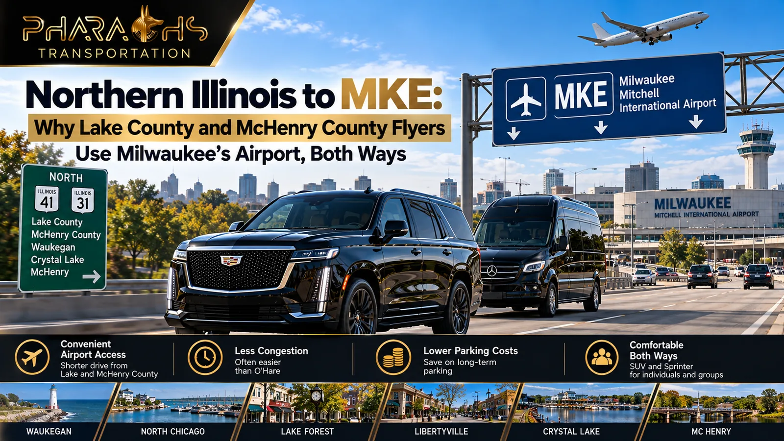 Pharaohs Transportation black Cadillac Escalade and Mercedes Sprinter heading north toward Milwaukee Mitchell Airport for Lake County and McHenry County Illinois flyers