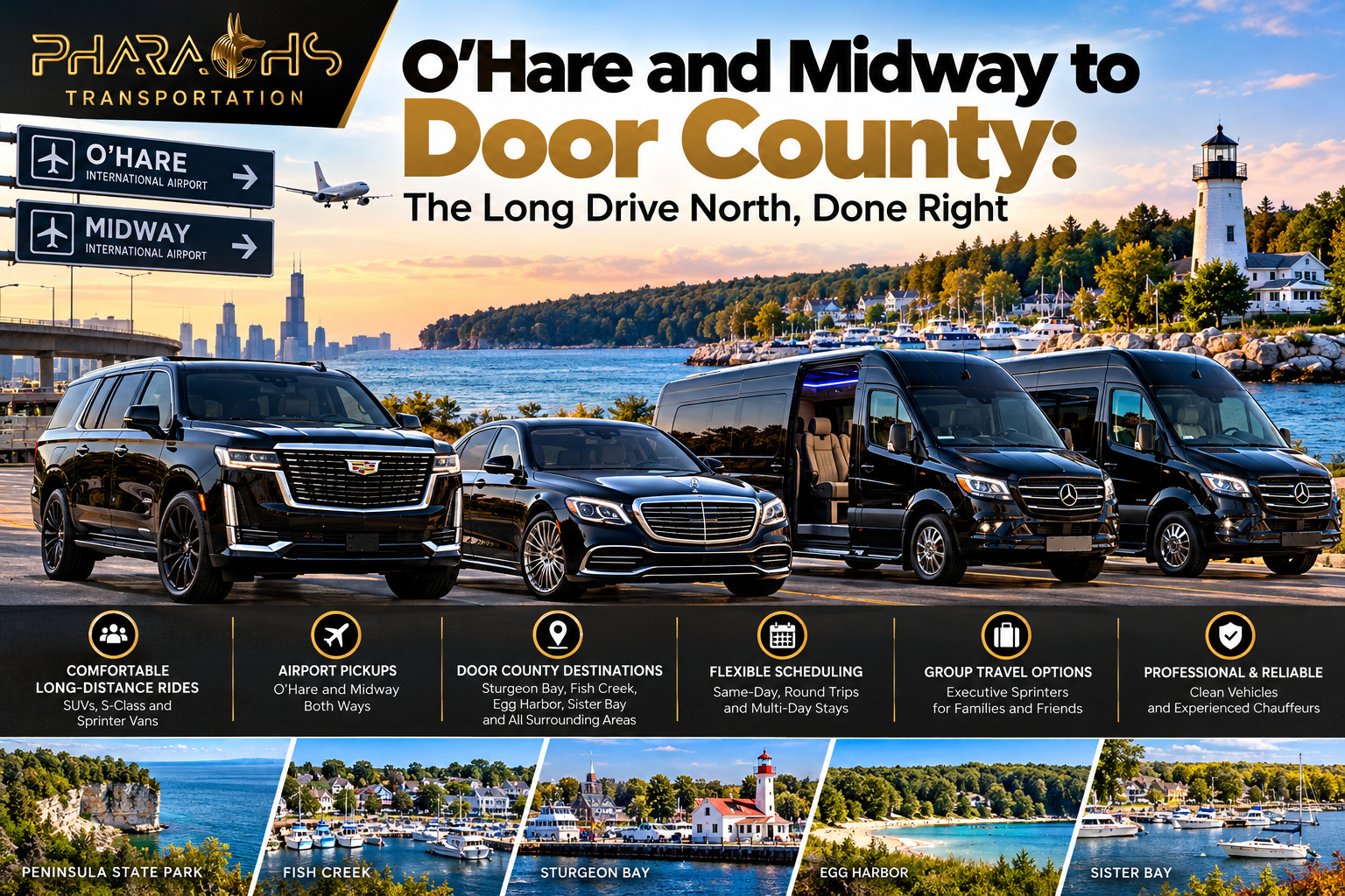 Pharaohs Transportation black Cadillac Escalade SUV, Mercedes S-Class and two Mercedes Sprinter vans on a Lake Michigan waterfront, with O’Hare and Midway airport signs and the Chicago skyline, for rides from O’Hare and Midway to Door County.