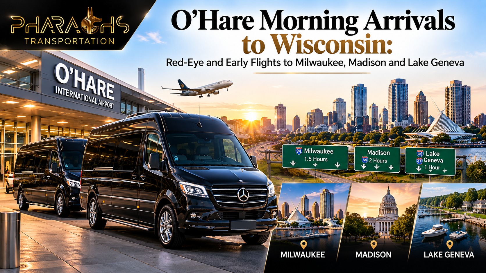 Black Mercedes Sprinter vans at O'Hare airport for morning arrivals to Milwaukee, Madison and Lake Geneva, Wisconsin