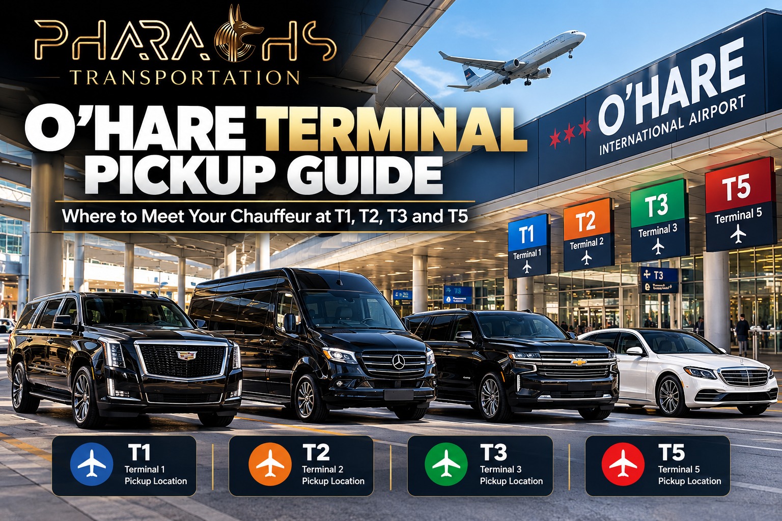 O’Hare Terminal Pickup Guide from Pharaohs Transportation showing where to meet your chauffeur at Terminals 1, 2, 3 and 5, with black SUVs, a Sprinter van and a white sedan at the O’Hare curb