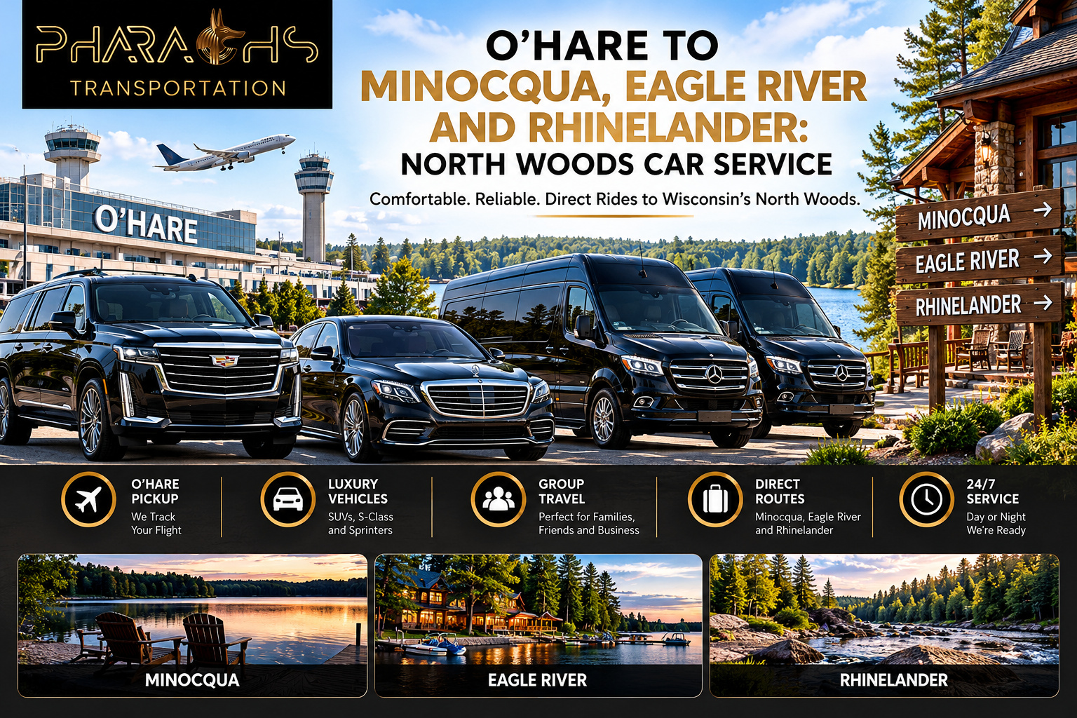 Pharaohs Transportation car service from O’Hare to Minocqua, Eagle River and Rhinelander: a black Cadillac Escalade, Mercedes S-Class and two Mercedes Sprinter vans in front of O’Hare, with North Woods lake and cabin scenery and wooden destination signs.