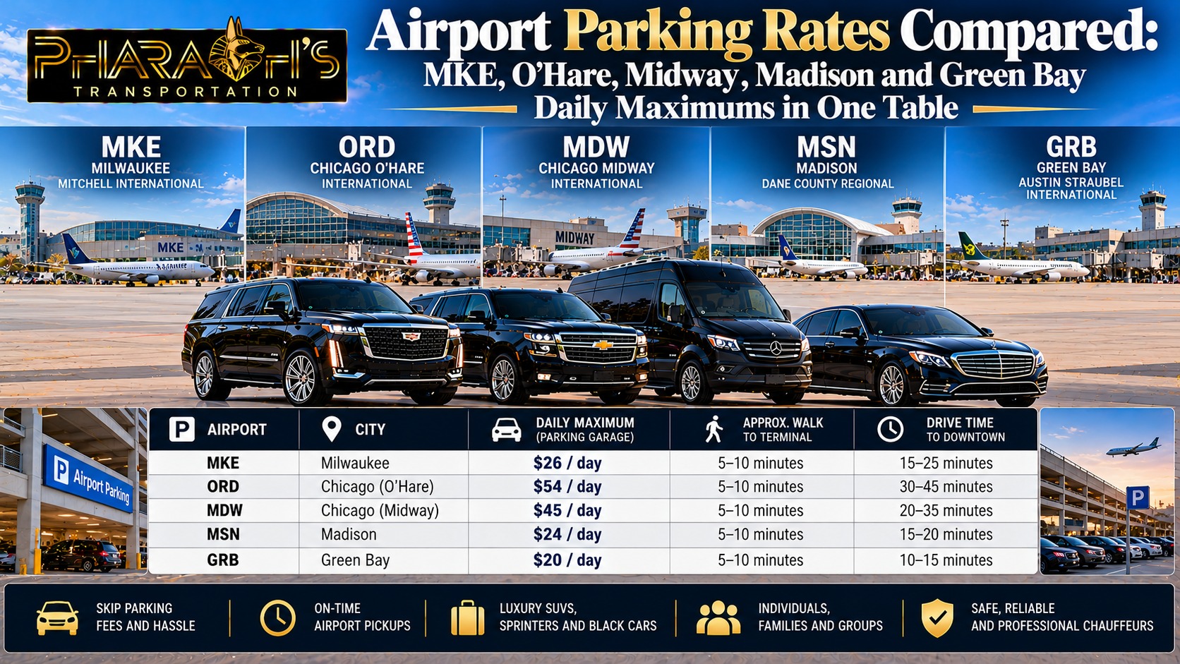 Pharaoh’s Transportation airport parking rates compared for MKE, O’Hare, Midway, Madison and Green Bay, with black SUVs, a Sprinter van and a sedan in front of five airports