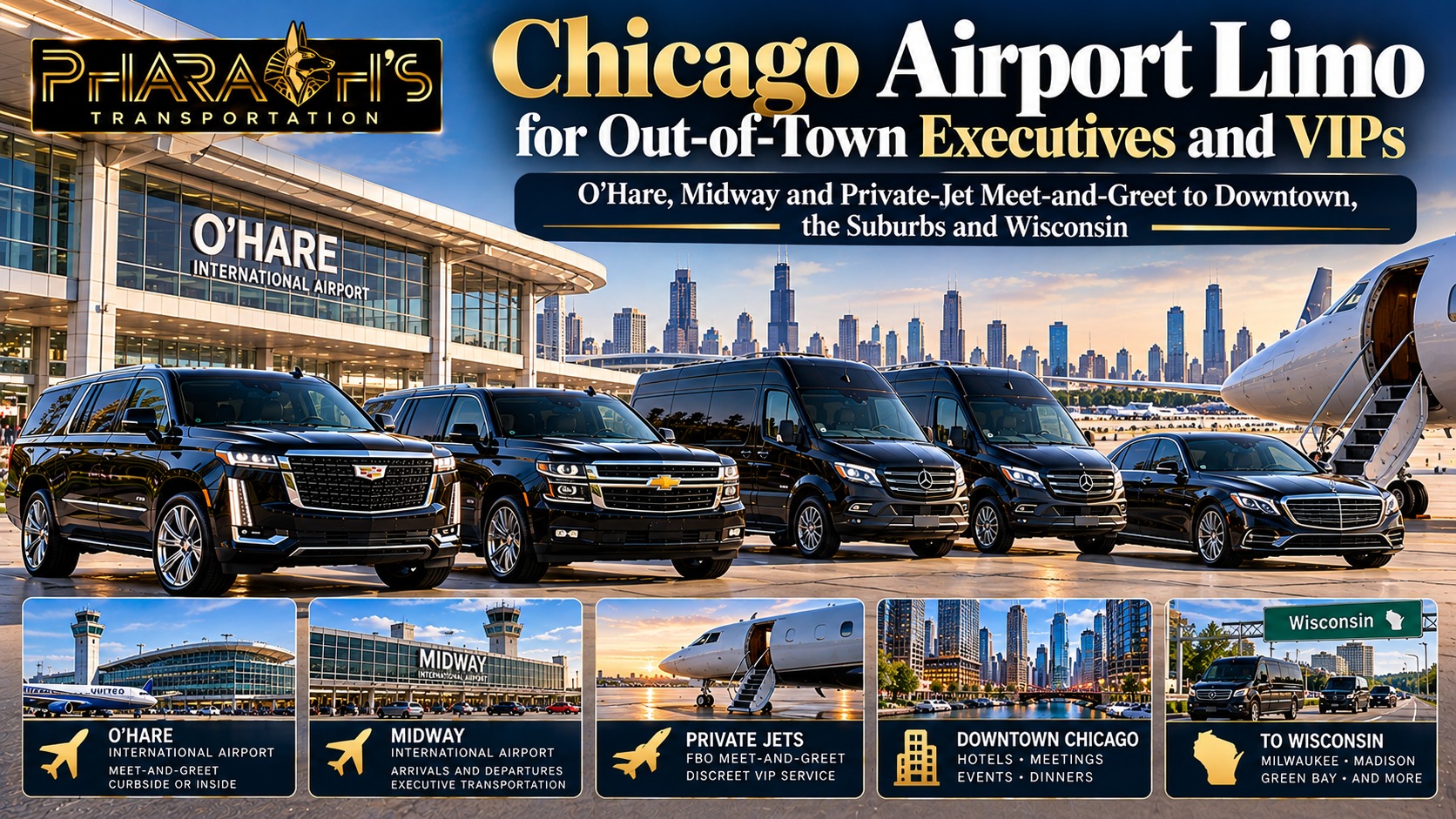 Pharaoh’s Transportation Chicago airport limo service for out-of-town executives and VIPs, with black SUVs, Sprinter vans and a sedan at O’Hare, Midway and private jet meet-and-greet