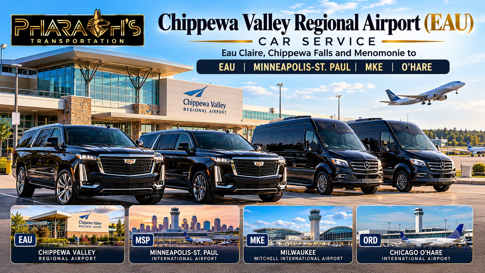 Pharaoh’s Transportation Chippewa Valley Regional Airport (EAU) car service with black Escalades and Sprinter vans for Eau Claire, Chippewa Falls and Menomonie
