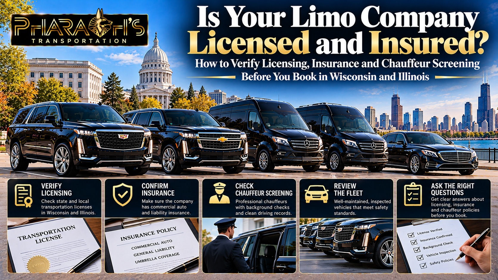 Pharaoh’s Transportation checklist for verifying a limo company’s licensing, insurance and chauffeur screening in Wisconsin and Illinois, with black SUVs, Sprinter vans and a sedan