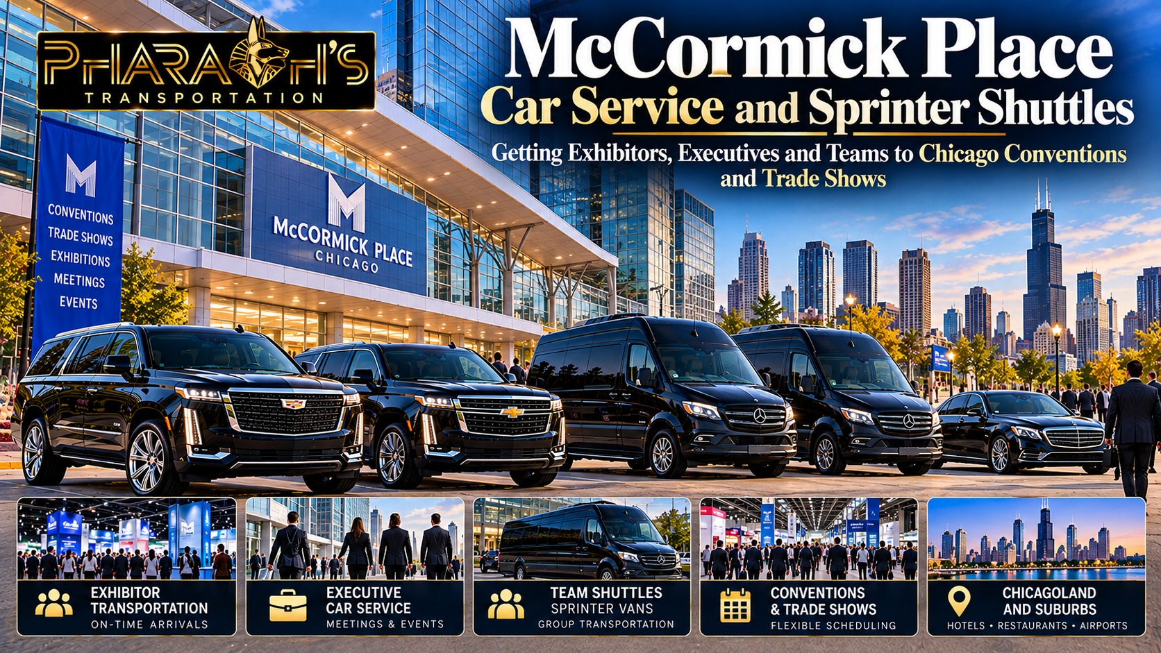 Pharaoh’s Transportation McCormick Place car service and Sprinter shuttles in Chicago, with black SUVs, Sprinter vans and a sedan for exhibitors, executives and convention teams